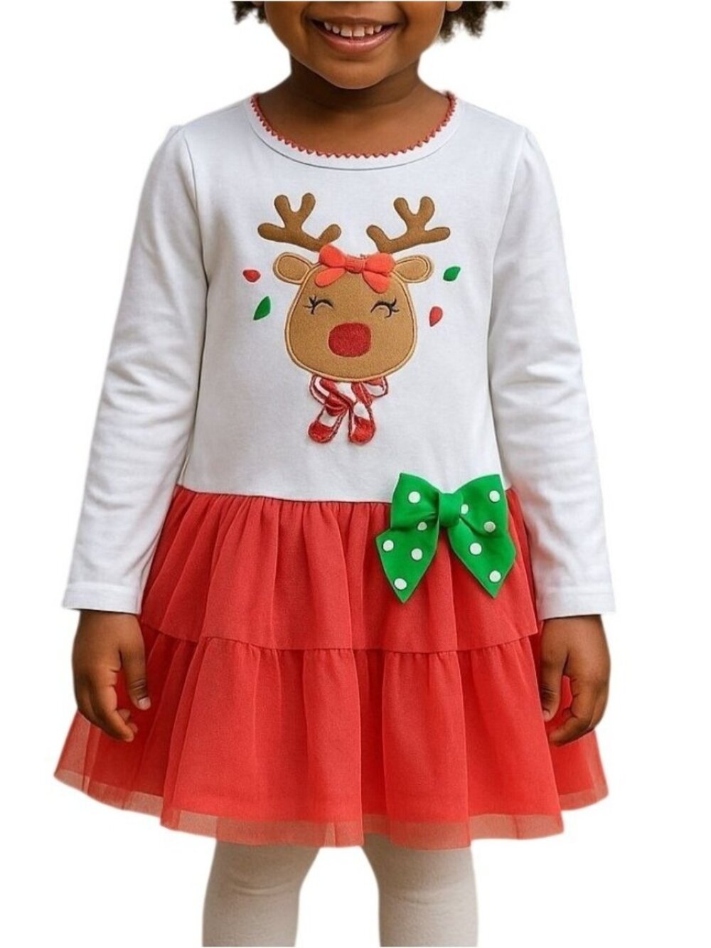 Bonnie Jean Girls Size 6 Dress Tutu Rudolph Long Sleeve Holiday White Red